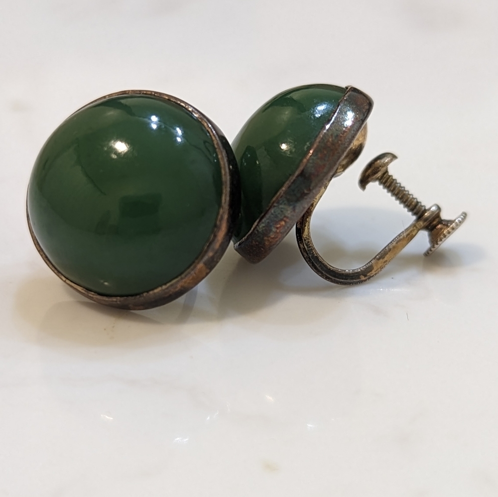 Vintage Estate Nephrite Jade & Sterling screw post earrings. Penny size.